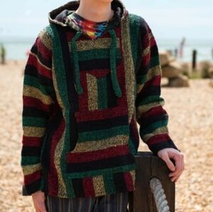 BAJA HOODIE PONCHO PULLOVER HIPPIE RED BLACK YELLOW UNISEX LARGE